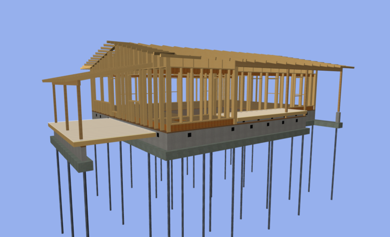 Puurunkoisen omakotitalon rakennesuunnitelma, 3D-malli / tietomalli.