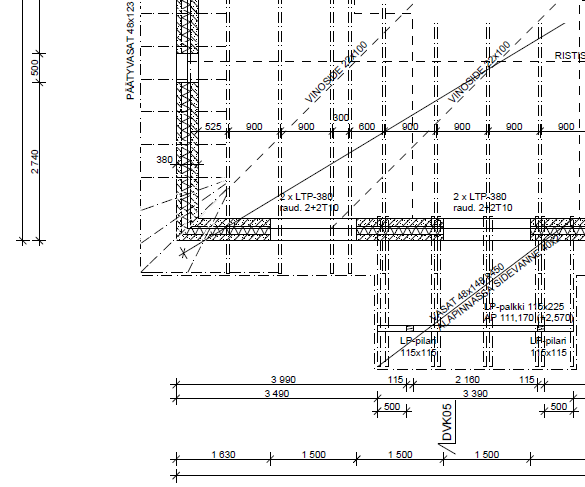 Omakotitalon rakennesuunnitelman esimerkkirakennepiirustus. Harkkorunkoinen kivitalo / omakotitalo.