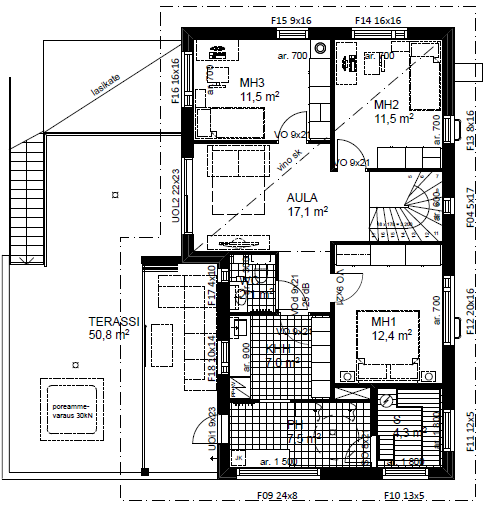 Omakotitalon arkkitehtisuunnittelu, pohjakuva / pohjapiirustus. Esimerkki rakennussuunnittelun luonnospiirustus.